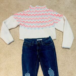 Anthropologie White Sweater with Pink and Blue Accents